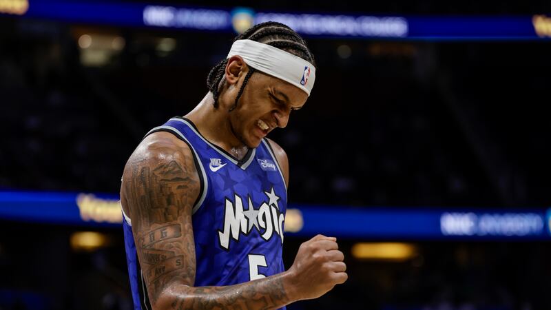 Orlando Magic forward Paolo Banchero reacts to play against the Milwaukee Bucks during the...