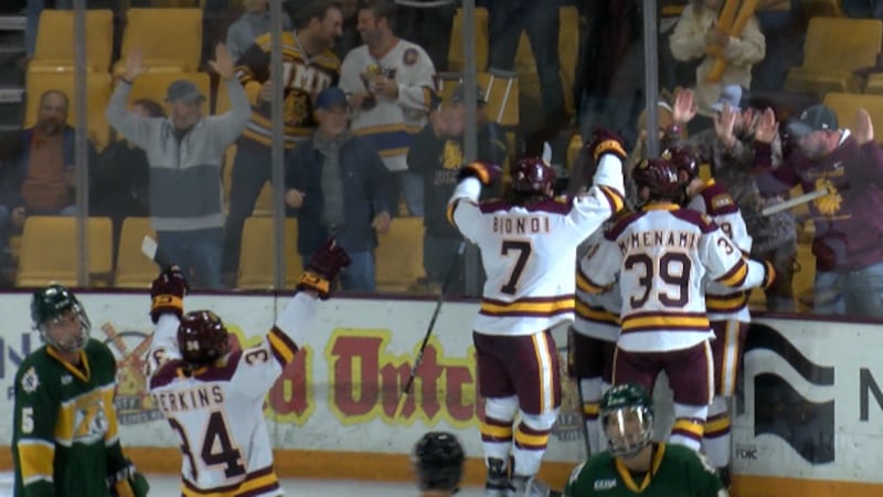 UMD celebrates goal over Northern Michigan .