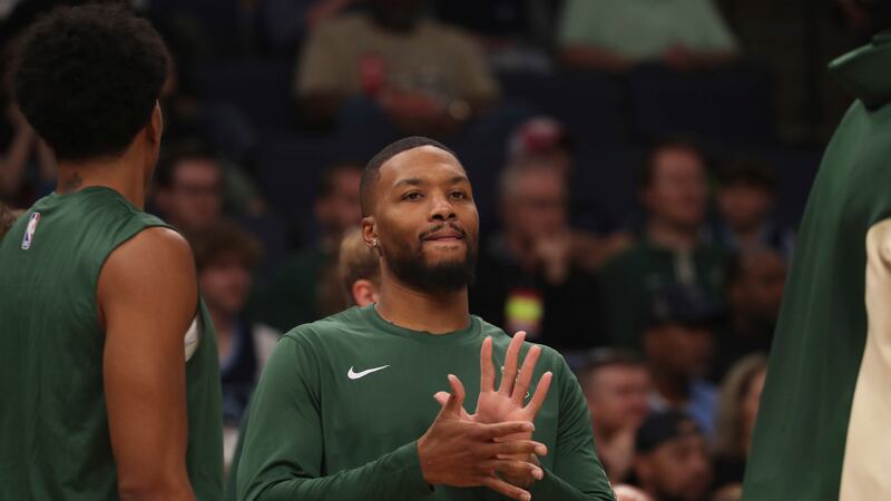 Milwaukee Bucks guard Damian Lillard (0) in the second half of an NBA basketball game Tuesday,...