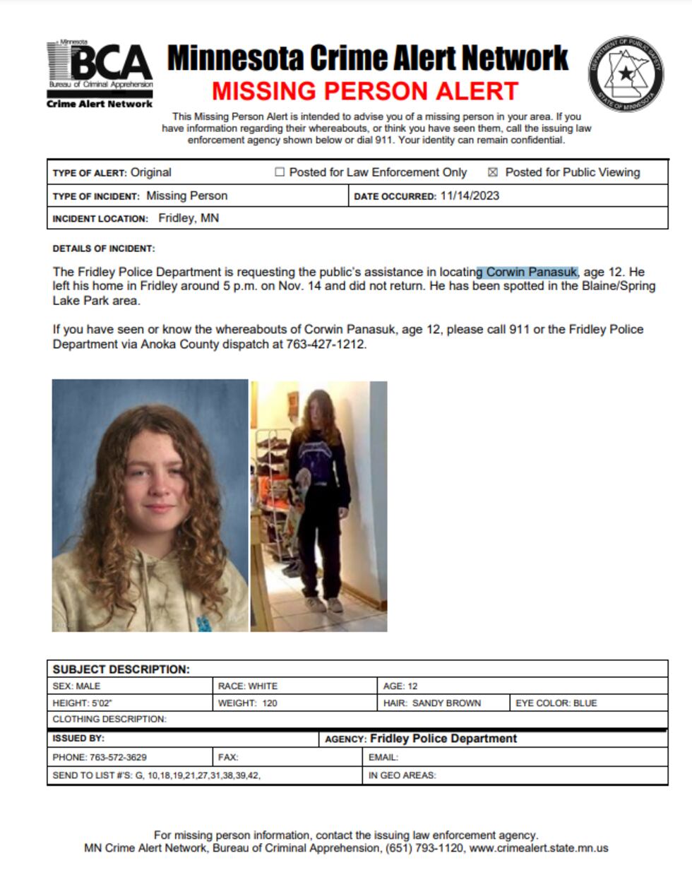 Missing Person: Corwin Panasuk