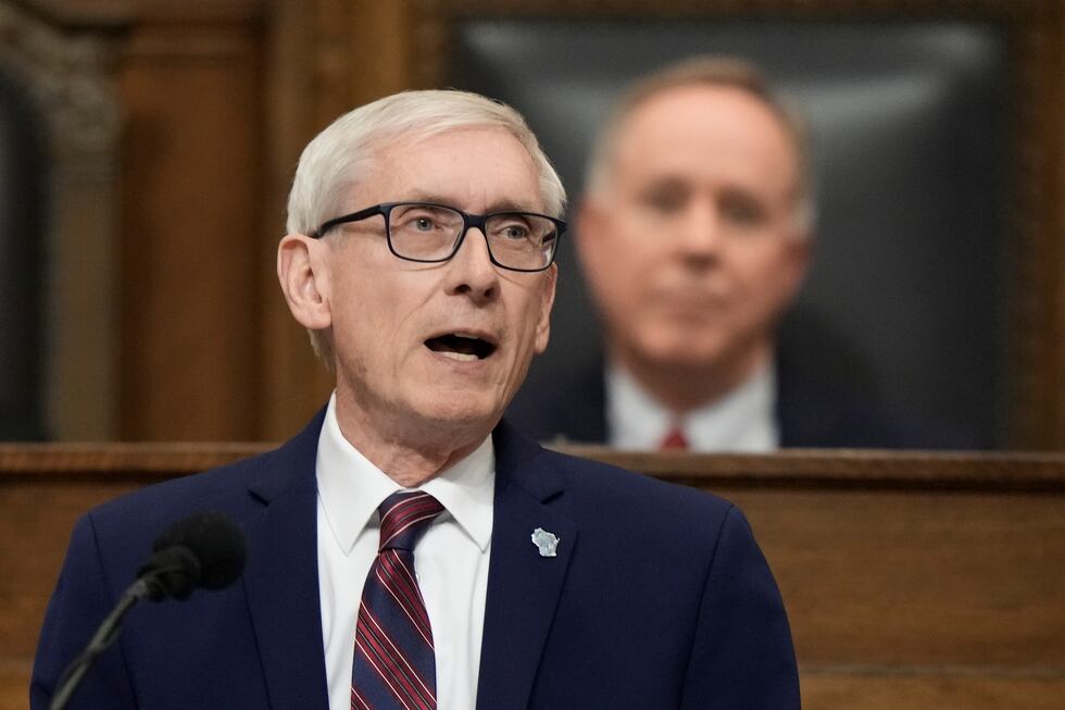 FILE - Wisconsin Gov. Tony Evers speaks during the annual State of the State address, Jan. 24,...