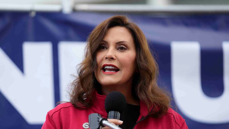 FILE - Michigan Gov. Gretchen Whitmer speaks to United Auto Workers members at a rally, Sept....