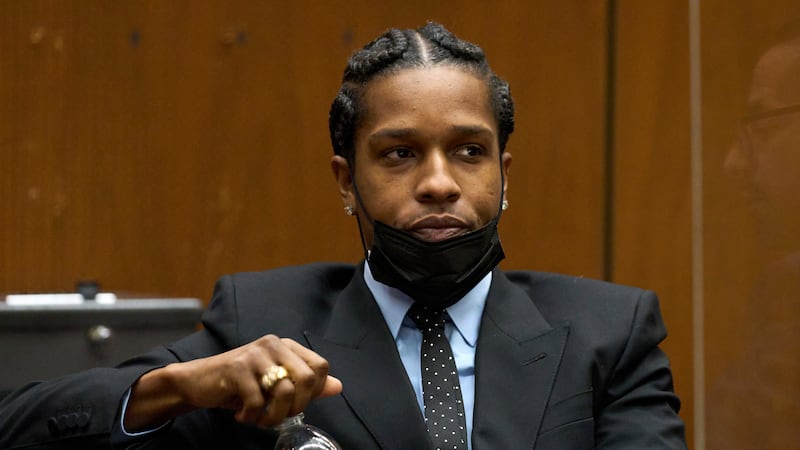 Rakim Mayers, aka A$AP Rocky, drinks water during a preliminary hearing at the Clara...