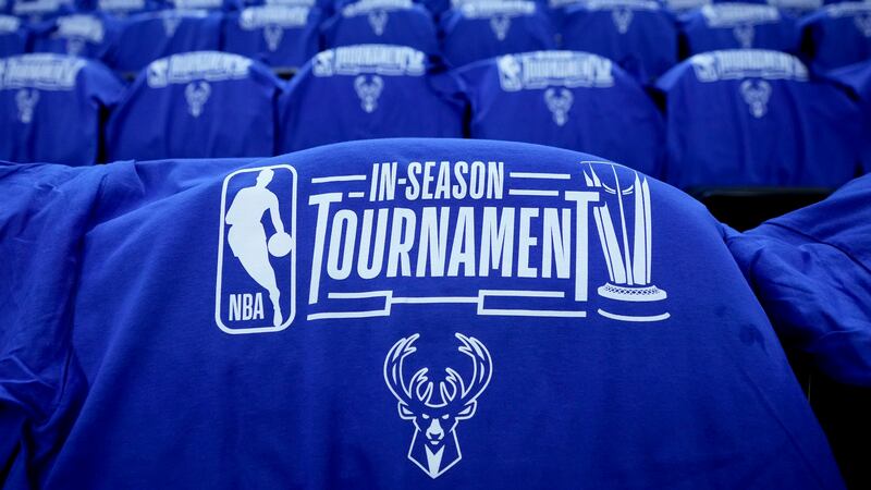 Tee shirts, marking the start of the NBA In-Season Tournament, are seen before an NBA...