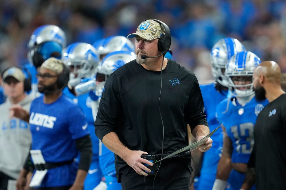 Detroit Lions head coach Dan Campbell watches from the sideline during the first half of an...
